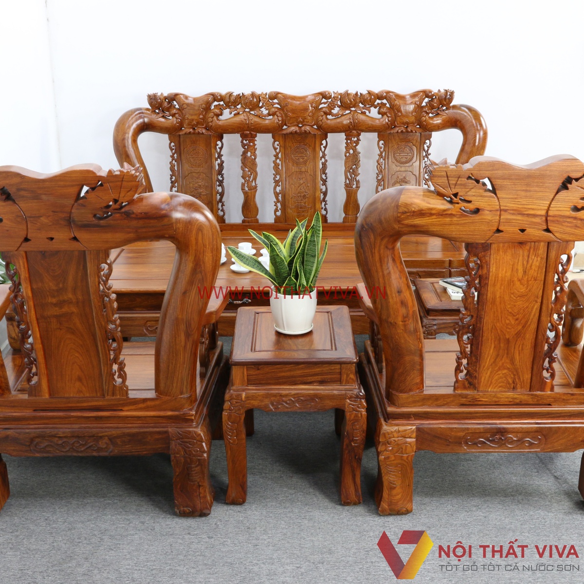 Bộ Bàn Ghế Salon Gỗ Hương Vân Tay 14 Chạm Đào 6 Món Cao Cấp