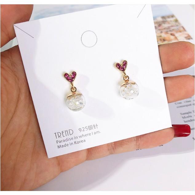 Bông tai Bạc 925 Phong Cách Hàn Quốc - NGỌC THỦY TINH TRÁI TIM HỒNG - ẢNH CHỤP THẬT