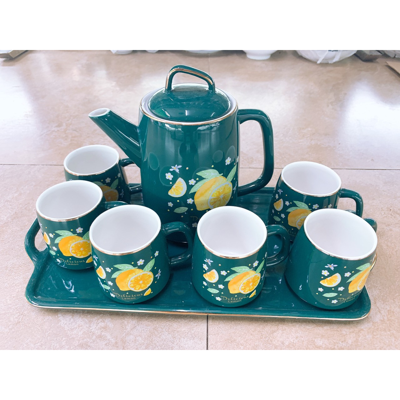 Bộ ấm chén kèm khay  sứ Tea Set pha trà cà phê màu xanh cổ vịt họa tiết  hoa quả chanh - ANTH241