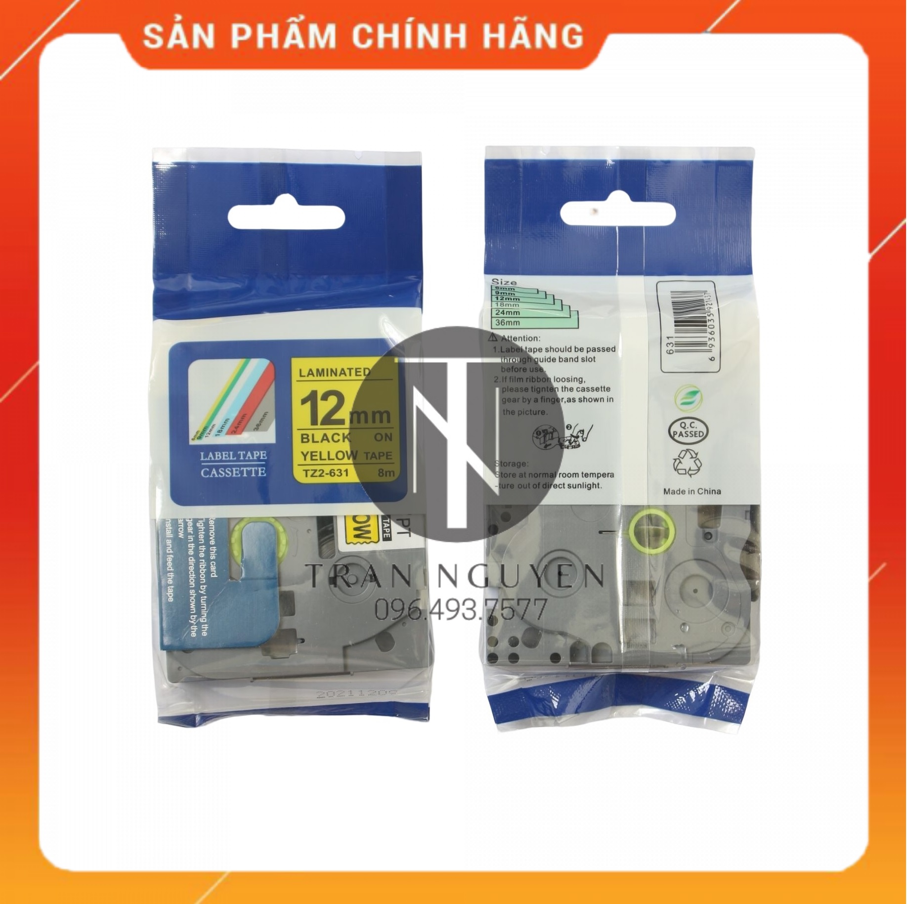 Nhãn In đa lớp Tz2-631 - Đen nền vàng 12mm x 8m - Hàng nhập khẩu