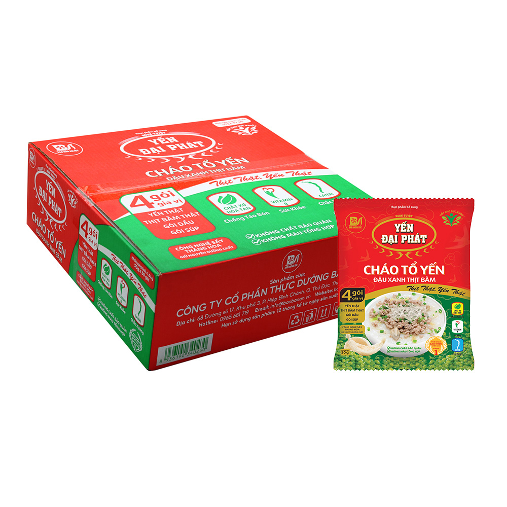 [Thùng 30 gói x 50gram] Cháo Tổ Yến Đậu Xanh Thịt Bằm - Yến Đại Phát , 4 gói gia vị, ăn liền, tiện lợi.