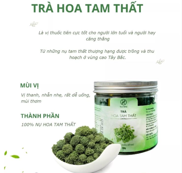 Trà thảo mộc nụ hoa Tam Thất Herbio - giúp an thần, giải tỏa căng thẳng, giảm mệt mỏi, tạo giấc ngủ sâu - hộp 50g