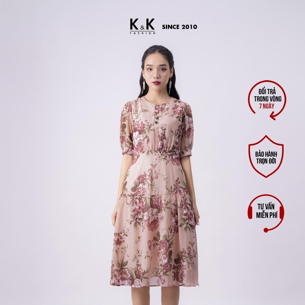 Đầm Xòe Nhấn Eo Họa Tiết Hoa Tay Lỡ K&amp;K Fashion KK120-25 Chất Liệu Voan Hàn