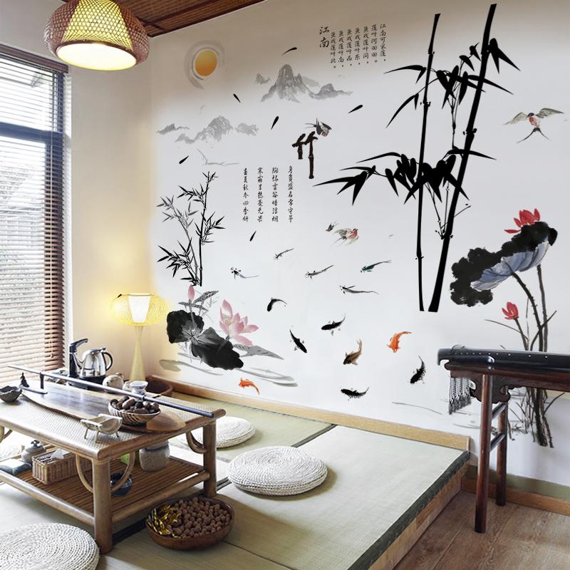 Decal dán tường combo phong cảnh nội thất Á Đông sang trọng
