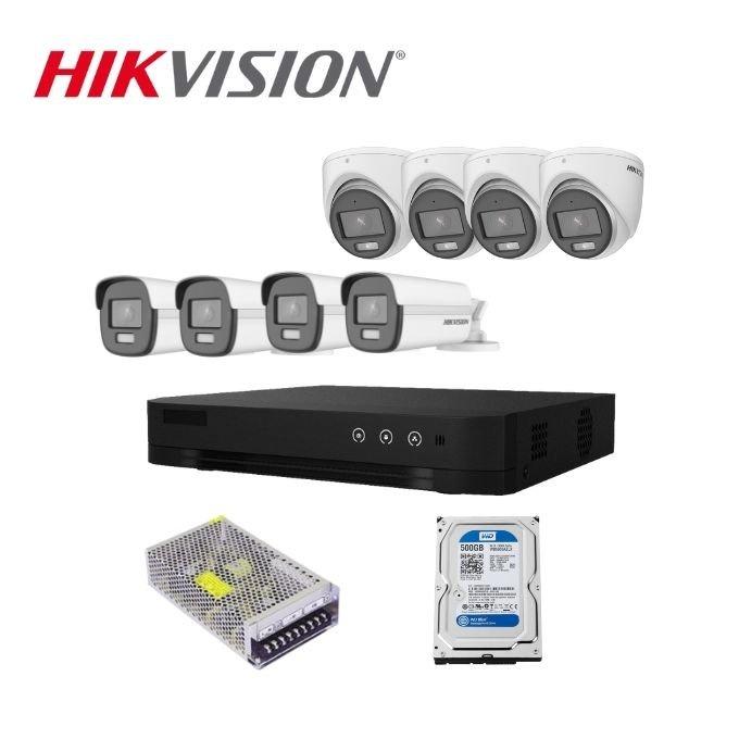 Trọn bộ 8 camera Analog bán cầu và thân trụ Hikvision có màu đêm 3K. Đầu ghi 8 kênh DS-7208HUHI-K1/E, chuẩn nét HD - Hàng Chính Hãng