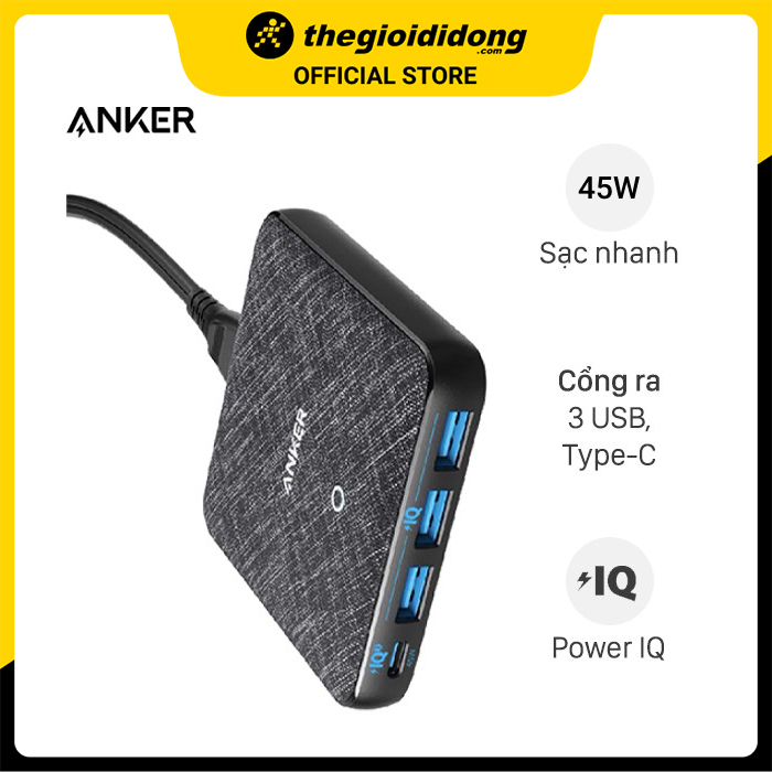 Adapter sạc 4 cổng USB Type C PD 65W Anker PowerPort Atom III Slim A2045 Đen - Hàng chính hãng