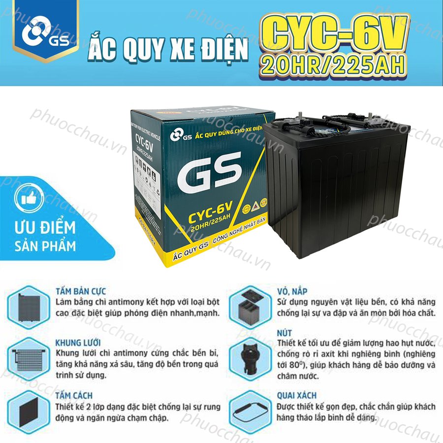 Ắc quy xe golf, ắc quy GS CYC-6V (6V-225AH), ắc quy xe điện du lịch