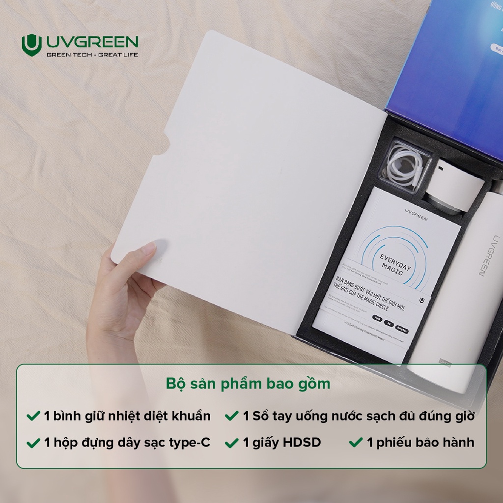 Bình Giữ Nhiệt Diệt Khuẩn UVC LED UK100 UVGREEN 500ml - Hàng Chính Hãng - Công Nghệ Mỹ, Diệt Khuẩn Nước 99,99%, Chất Liệu Inox SUS 316