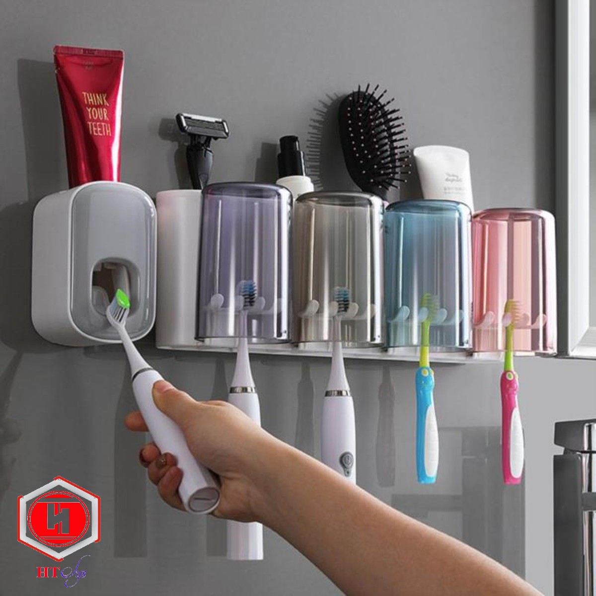 Bộ Dụng Cụ Nhả Kem Đánh Răng Tự Động 4 Cốc Và Giá Treo Bàn Chải Đa Năng Ht Sys - Coco - E1922 - Chất Liệu Abs Cao Cấp - Xám - Trắng