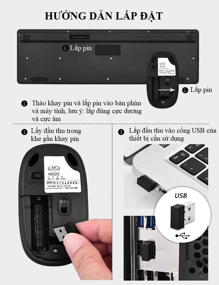 Bàn Phím + Chuột Văn Phòng N-520 Kết Nối Bluetooth, Dùng Pin Tiểu 