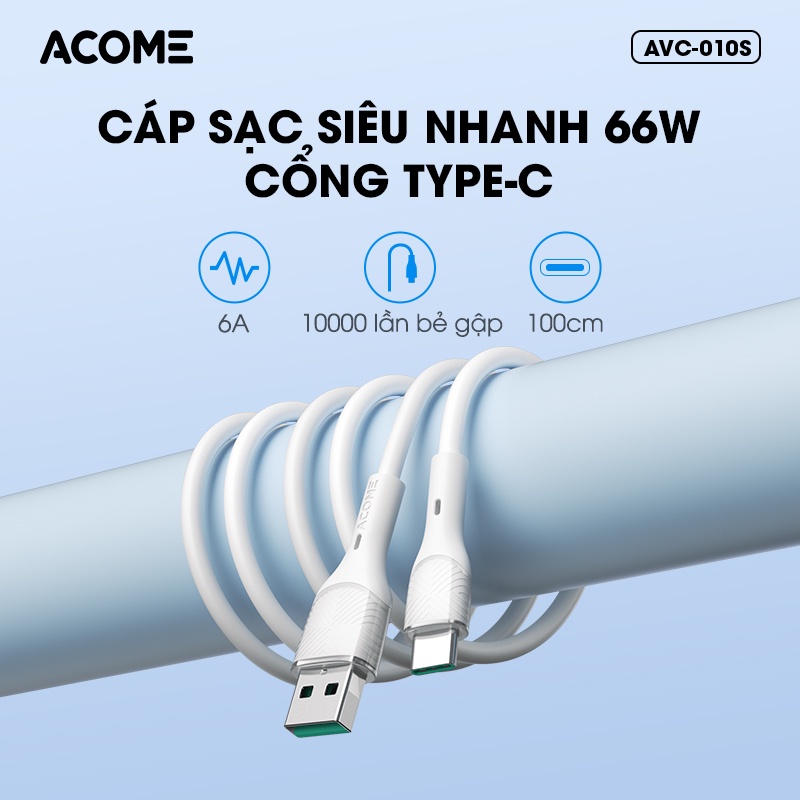 Cáp Sạc Nhanh USB to Type-C 66W ACOME AVC-010S Dài 1m Chất Liệu Bền Bỉ - Hàng Chính Hãng