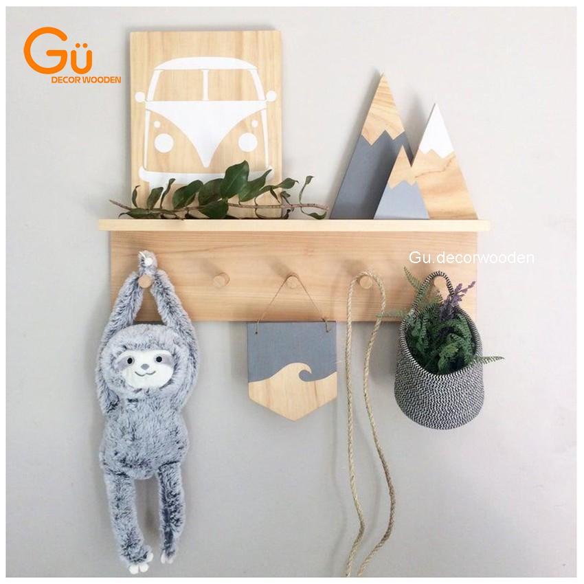 Móc Gỗ Gắn Tường - Kệ Gỗ Treo Tường Kèm Móc Trang Trí Nhà Cửa GU DECOR WOODEN