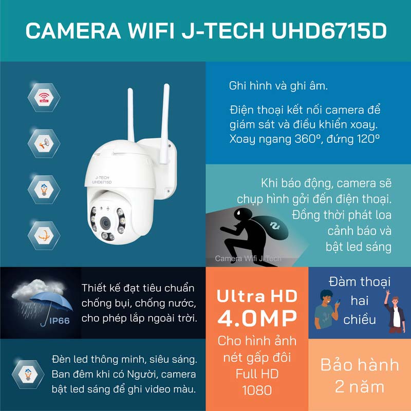 Hàng chính hãng - Camera Wifi J-Tech Ultra HD 4MP Xoay 360 độ, Led thông minh full màu ban đêm, theo dõi chuyển động, đàm thoại 2 chiều – Lắp ngoài trời
