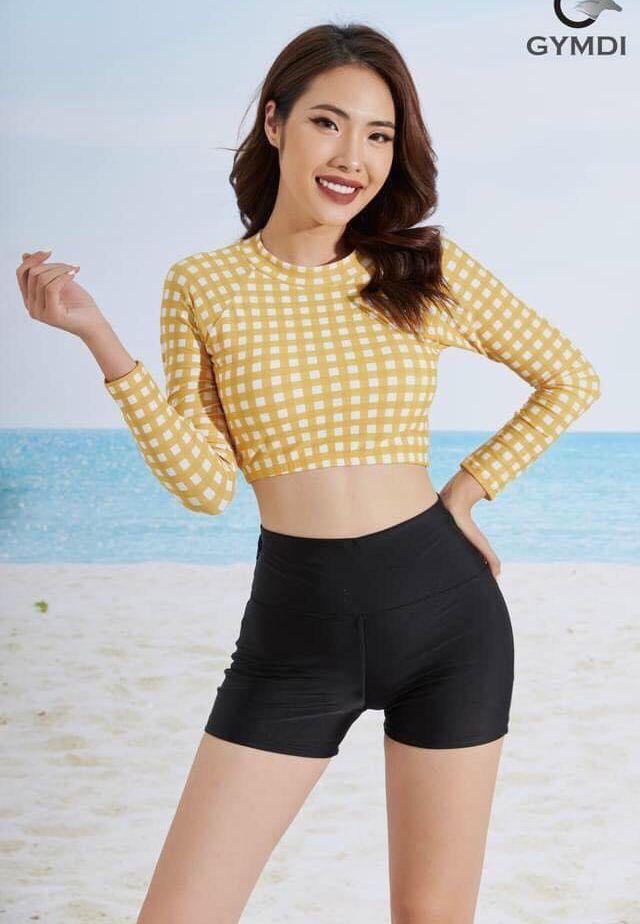 Đồ bơi nữ Bikini 2 mảnh croptop họa tiết kẻ sọc tay dài quần đùi thun lạnh co dãn 4 chiều DBN004