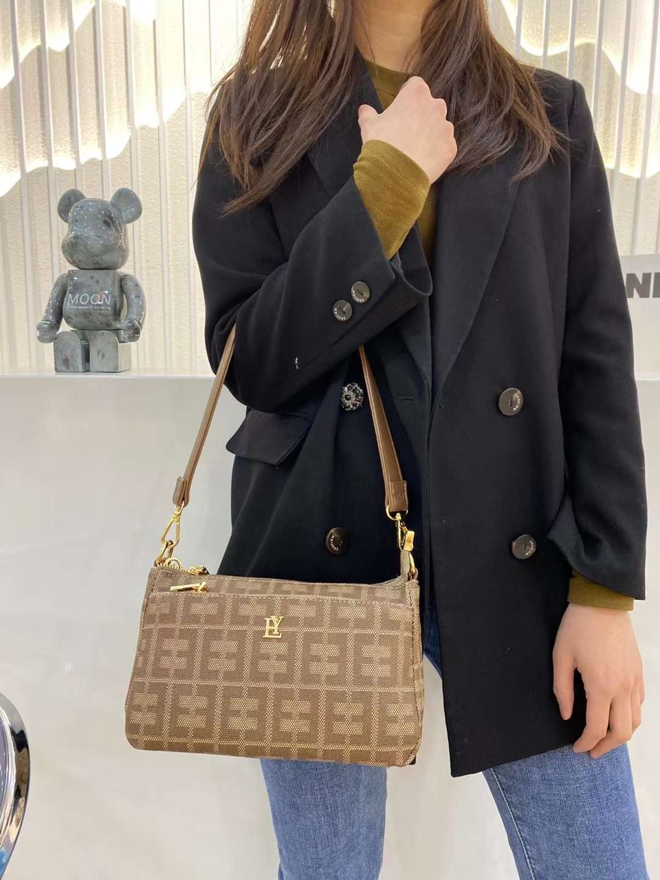Ví clutch nữ da PU cao cấp họa tiết monogram thời trang vintage công sở nhiều ngăn tiện lợi Y2409