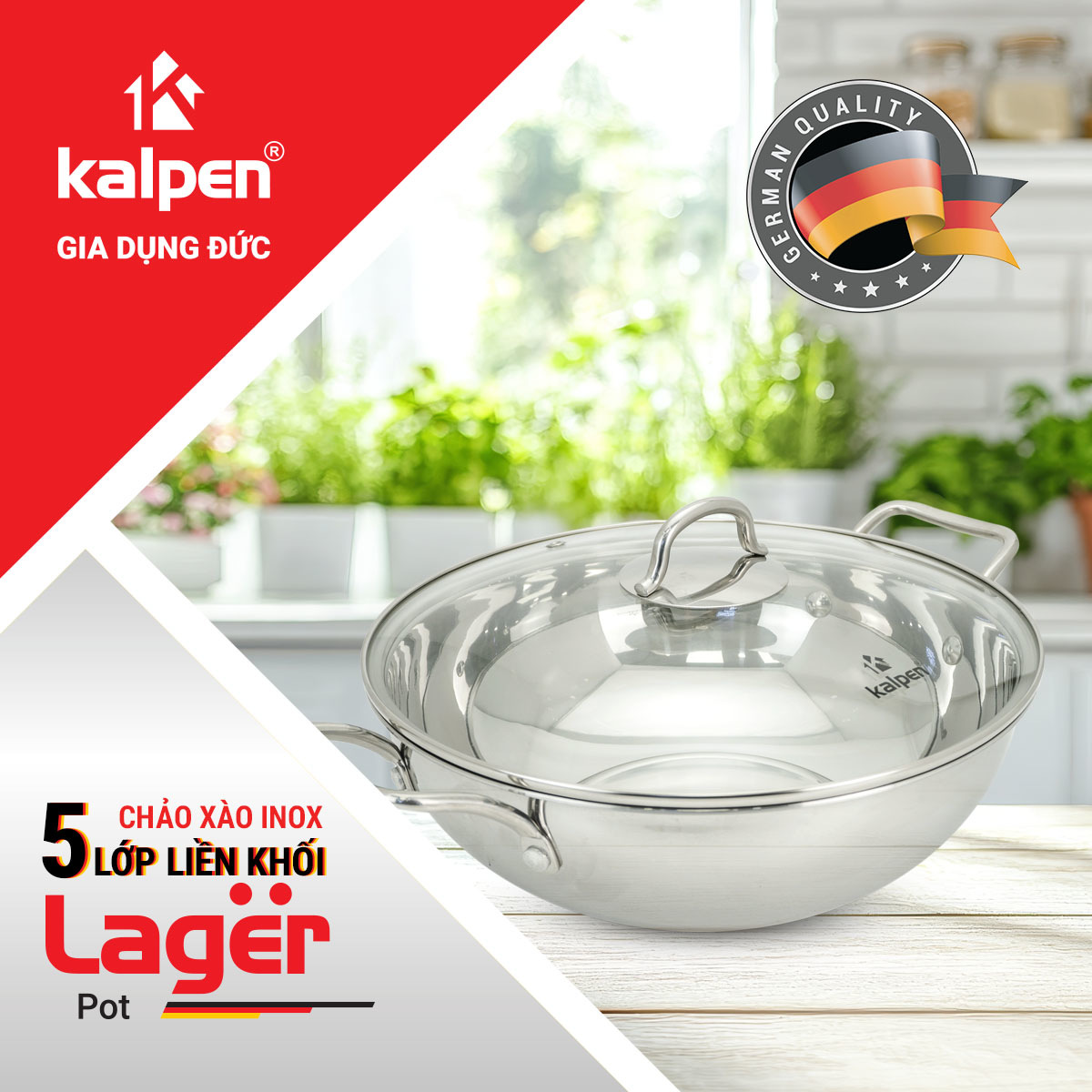 Chảo xào Inox 5 lớp đúc liền khối Kalpen Lager LX32 size 32cm, bảo hành 30 năm