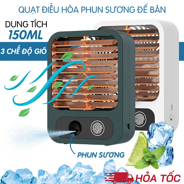 Quạt điều hoà hơi nước mini để bàn có đèn , sạc tích điện dung tích bình chứa nước 150ml