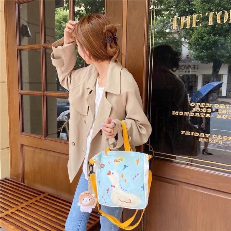 Túi Tote Túi Vải Canvas đeo chéo Duck SIÊU CUTE có dây kéo và ngăng phụ mang được 2 kiểu tiện lợi