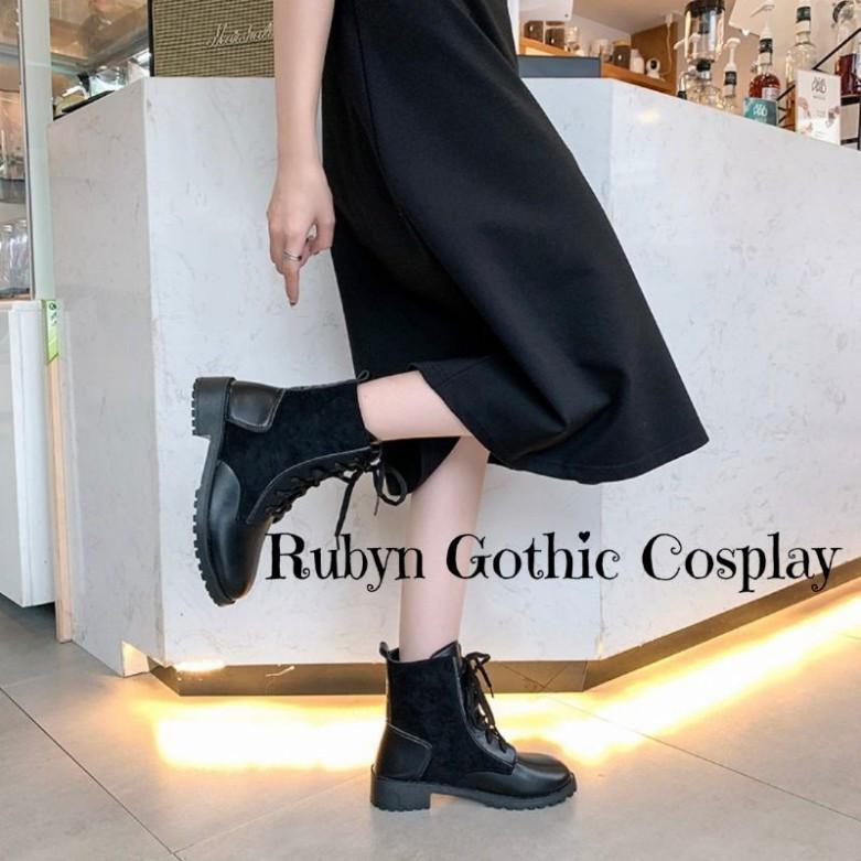 Giày Boots Cổ Cao Da PU phối da lộn cá tính