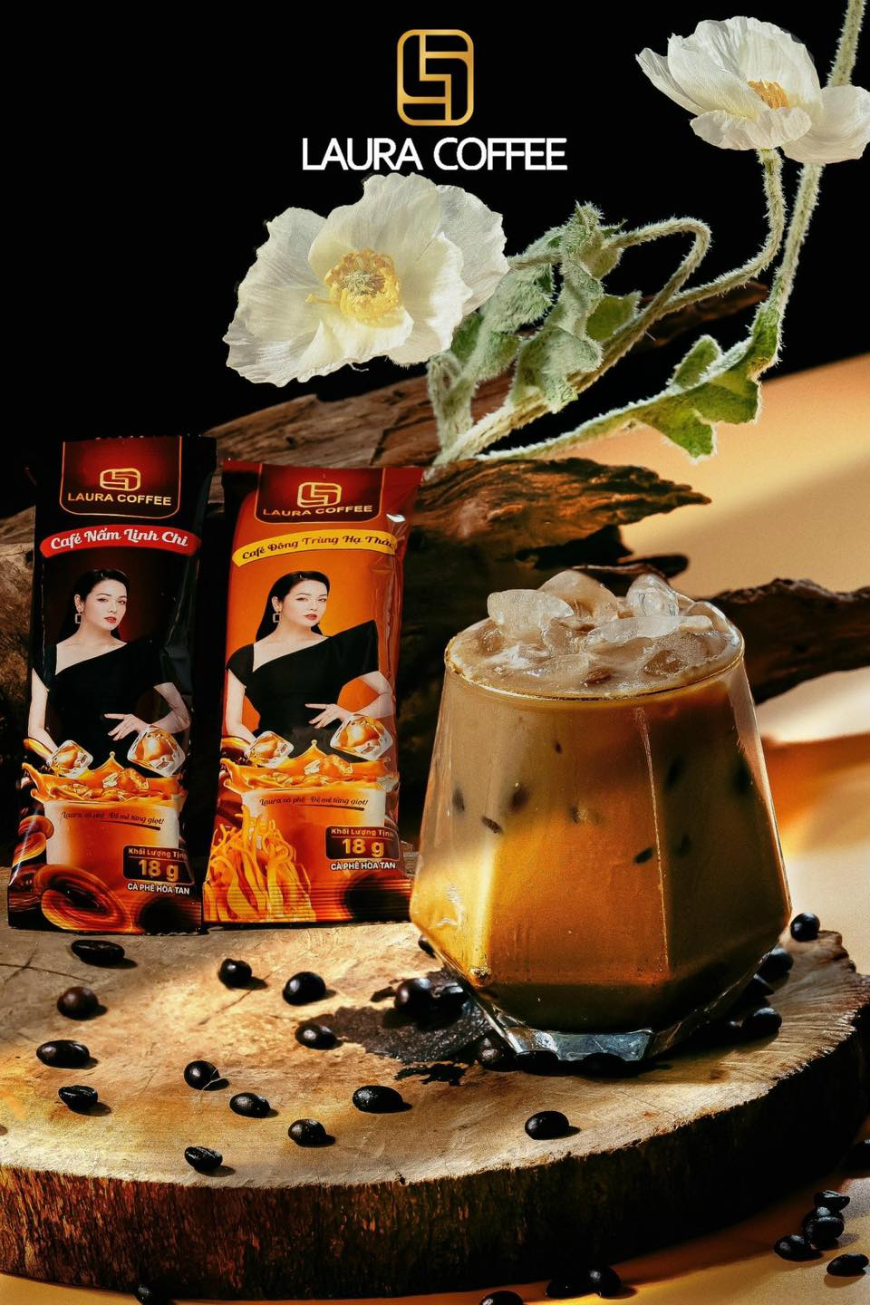 Cà phê hòa tan cao cấp Laura Coffee Nấm Linh Chi Nhật Kim Anh hộp 10 gói