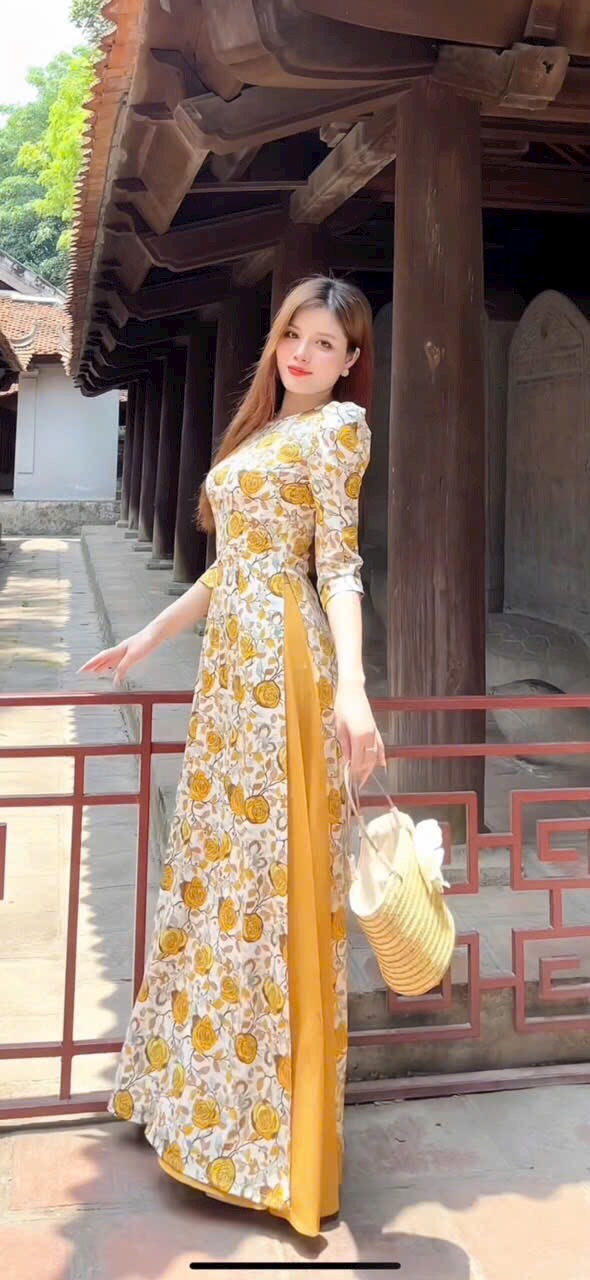 SÉT ÁO DÀI CỔ TRÒN IN HOA CAO CẤP