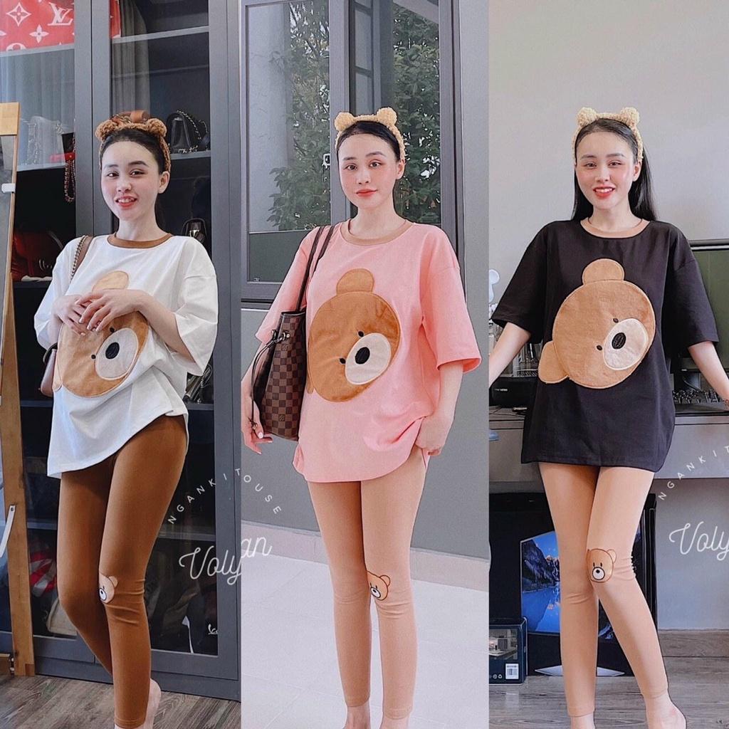 Sét bộ nữ áo thun from rộng ngắn tay in hình gấu dễ thương phối quần dài ôm body siêu tôn dáng thời trang nữ dạo phố
