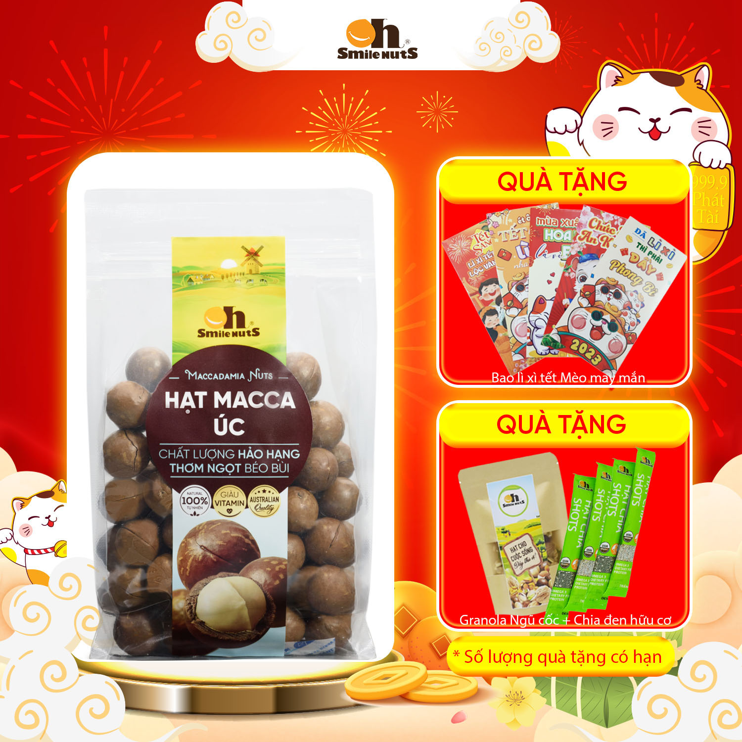 Hạt Macca Úc nứt vỏ nướng Smielnuts_ Trọng lượng 215g/500g - Tặng kèm dụng cụ tách vỏ _ Hạt Macca Úc giúp bảo vệ tim mạch, hỗ trợ trao đổi chất và chống oxy hóa, vị thơm ngọt béo bùi, đảm bảo không hôi dầu