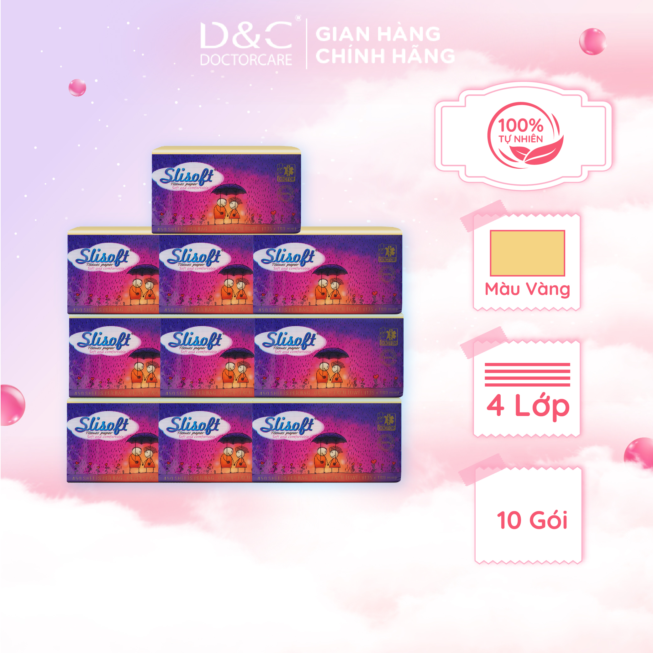 10 Bịch Khăn giấy Slisoft 4 lớp Vàng tự nhiên đa năng, giấy ăn không chất tẩy trắng an toàn cho cả gia đình