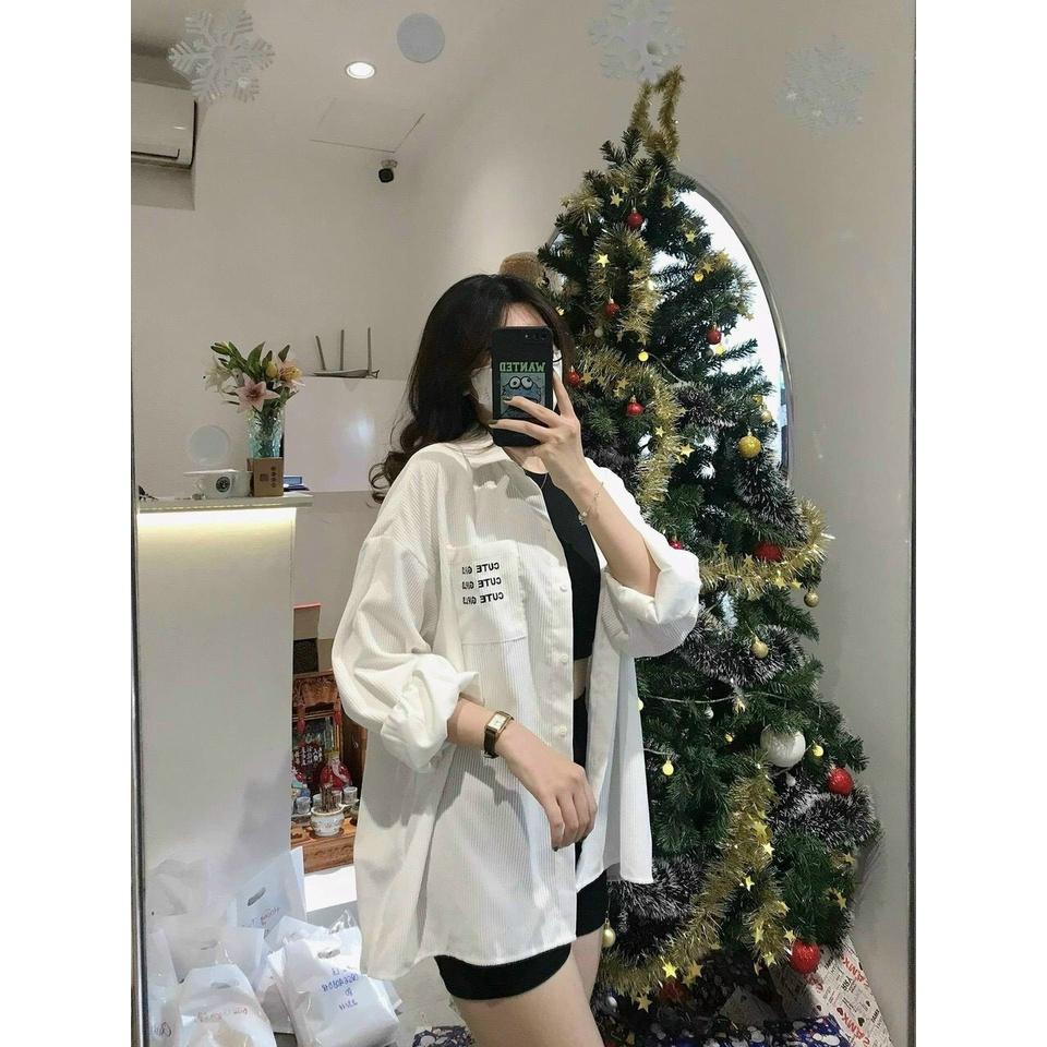 Áo Sơ Mi NHUNG GÂN TĂM THÊU CUTE GIRLS Form rộng Unisex Nam/Nữ Phong Cách Hàn Quốc Ulzzang NUPAKACHI