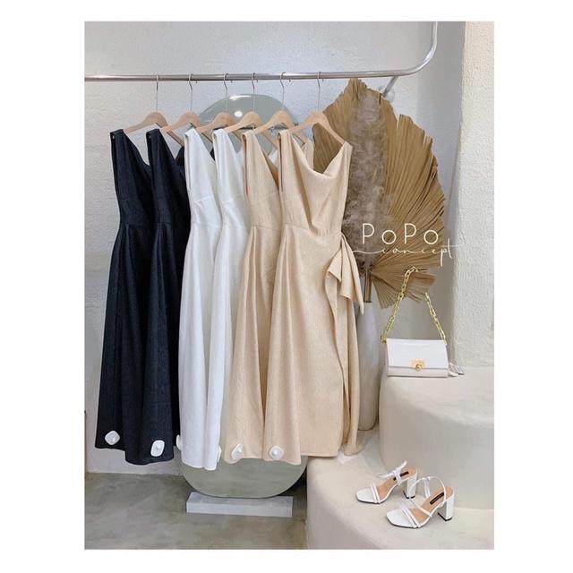 ROSE DRESS Đầm trễ vai gân sóng xếp 1 bên