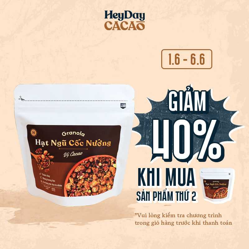 Granola nướng giòn tan - Vị Cacao túi 150g - Dùng mật dừa nước, 0 trái cây sấy, GI thấp - Hạt ngũ cốc giảm cân - HeydayCacao