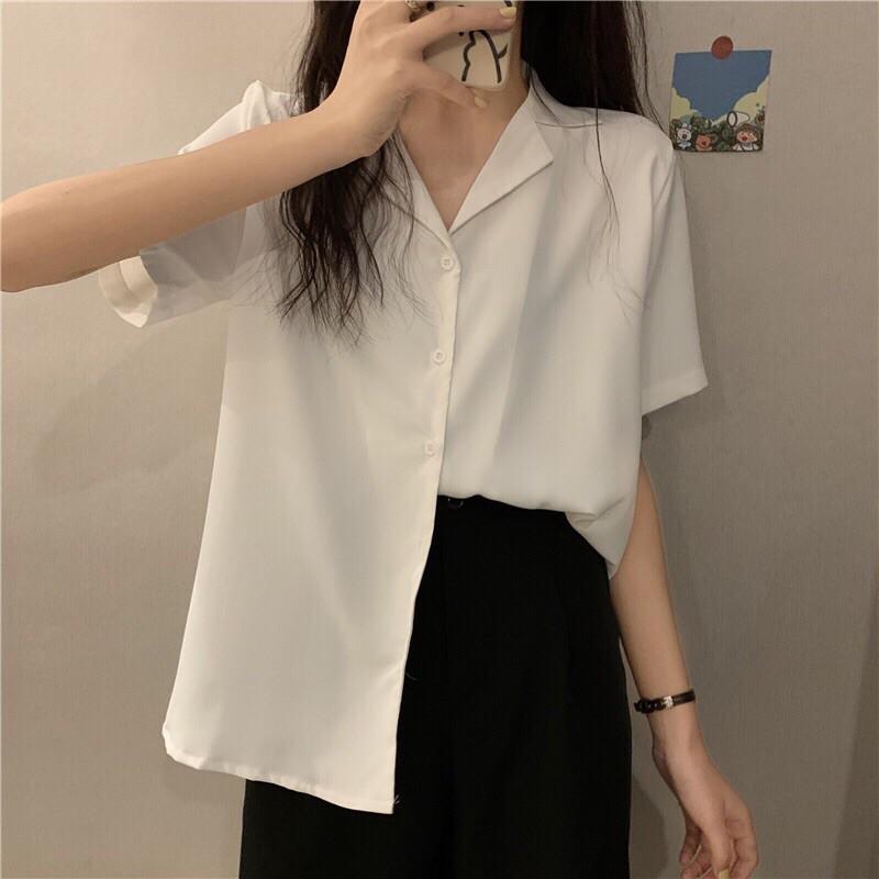 Áo Sơ Mi Tay Ngắn Cổ Vest Trơn Nam Nữ Unisex