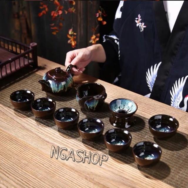 Bộ ấm chén pha trà đẹp gốm sứ cao cấp, hoả biến 10-16 chi tết màu nâu đen
