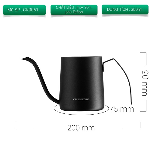 Ấm bình rót pha cà phê túi lọc phin giấy màu đen nhám CAFE DE KONA