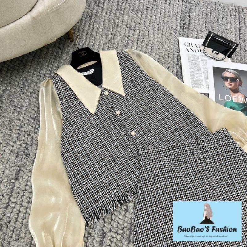 Set dạ phối sơ mi và chân váy xám đen