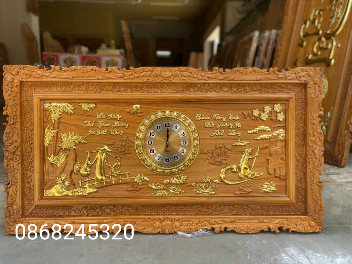 Tranh đồng hồ khắc chữ cha mẹ bằng gỗ gõ đỏ đep long lanh kt 67×127×4cm