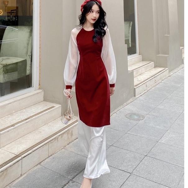 Áo Dài Du Xuân , Áo Dài Cách Tân Thân Nhung Đỏ Cao Cấp