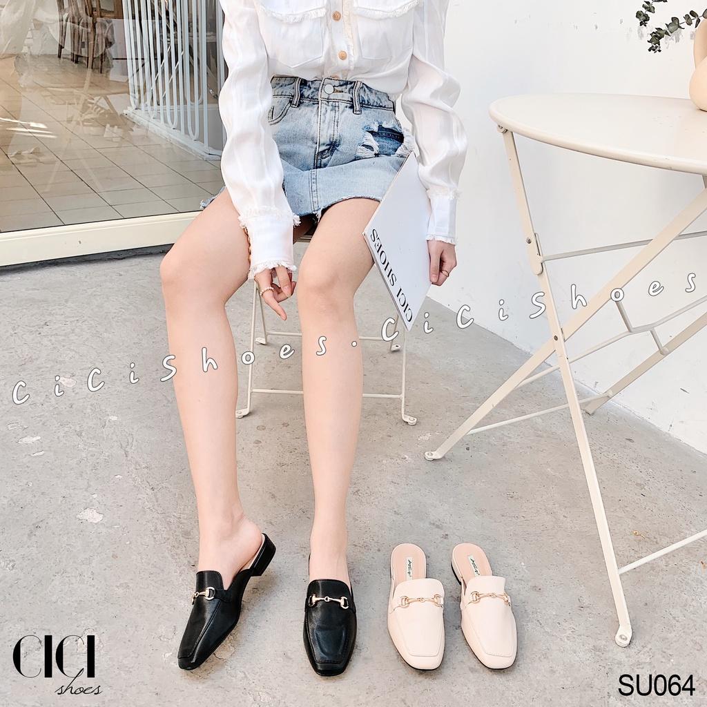 Giày sục cao gót nữ CiCi Shoes gót da 1cm, dép sục da khoá móc xích bé - SU064