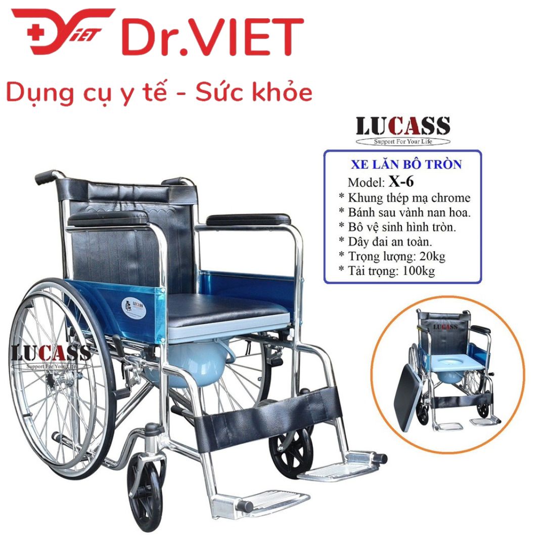 Xe lăn tay bô tròn Lucass X-6 Chính hãng- Hỗ trợ đi lại cho người già, người đi lại khó khăn, có dây đai an toàn