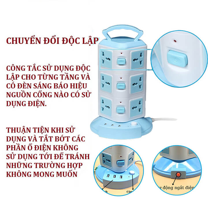 Ổ cắm điện đa năng 3 tầng 12 ổ cắm 3 cổng sạc nhanh USB 2.1A cho điện thoại, chịu tải 2500W, chống giật dây dài 1m8