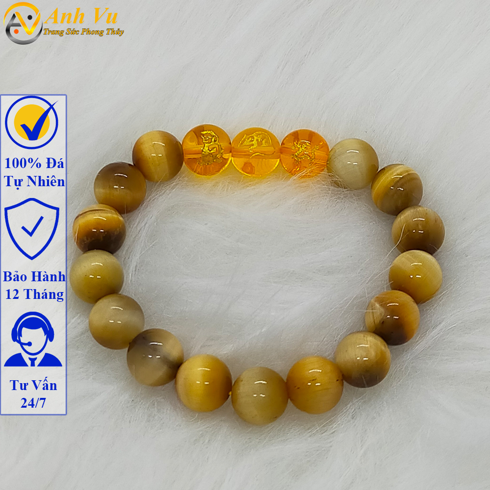 Vòng tay đá mắt hổ vàng nâu tự nhiên mix 3 viên thân tý thìn - Vòng tay phong thủy nam nữ mệnh thổ - May mắn tài lộc