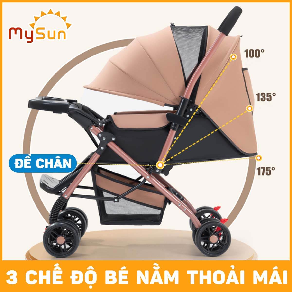 Xe đẩy 2 chiều nằm ngồi gấp gọn cho em bé sơ sinh 1 2 3 4 tuổi Premium MySun
