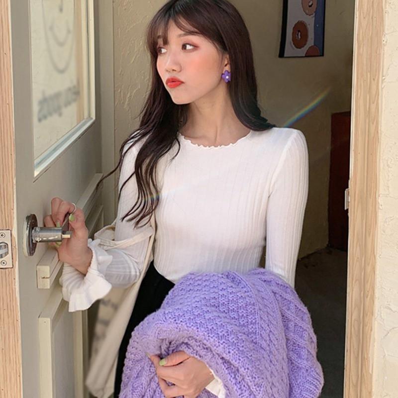 Áo Dệt Kim Tay Dài Cổ Tròn Thiết Kế Màu Trơn Thanh Lịch