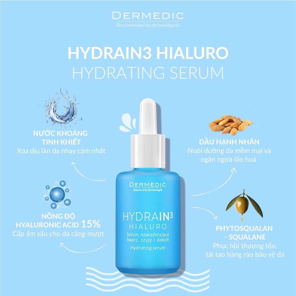 Serum Dermedic Hydrain3 cấp nước, cấp ẩm cho da khô Hydrain3 Hialuro Hydrating Serum For Face, Neck And Decolltage 30 ml