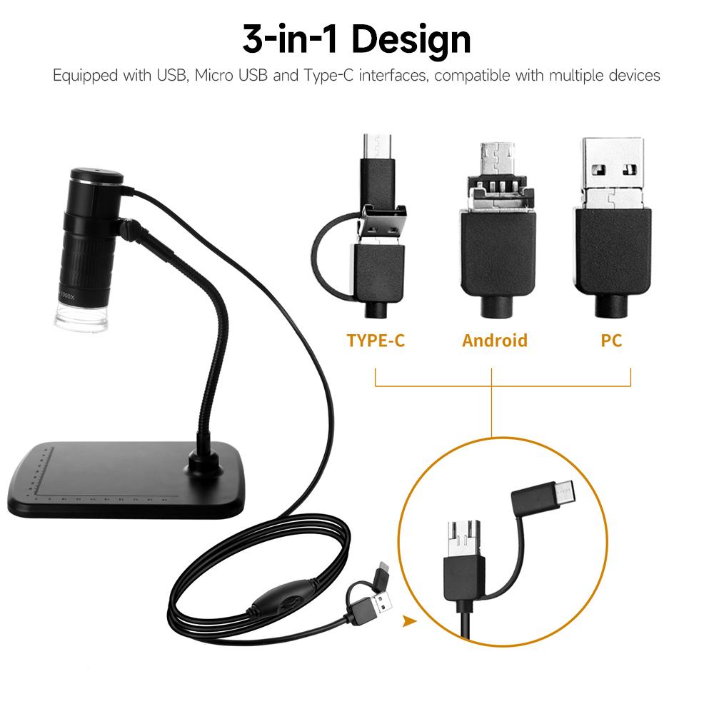 Kính Hiển Vi Kỹ Thuật Số Có Dây 3 Trong 1 1080P Cầm Tay Với Độ Phóng Đại 50X-1000X Kiểu C + Cổng Micro Usb + Cổng Usb