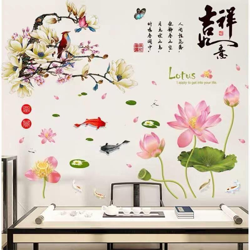 Decal dán tường Mẫu đơn chim én và hoa sen - HP417