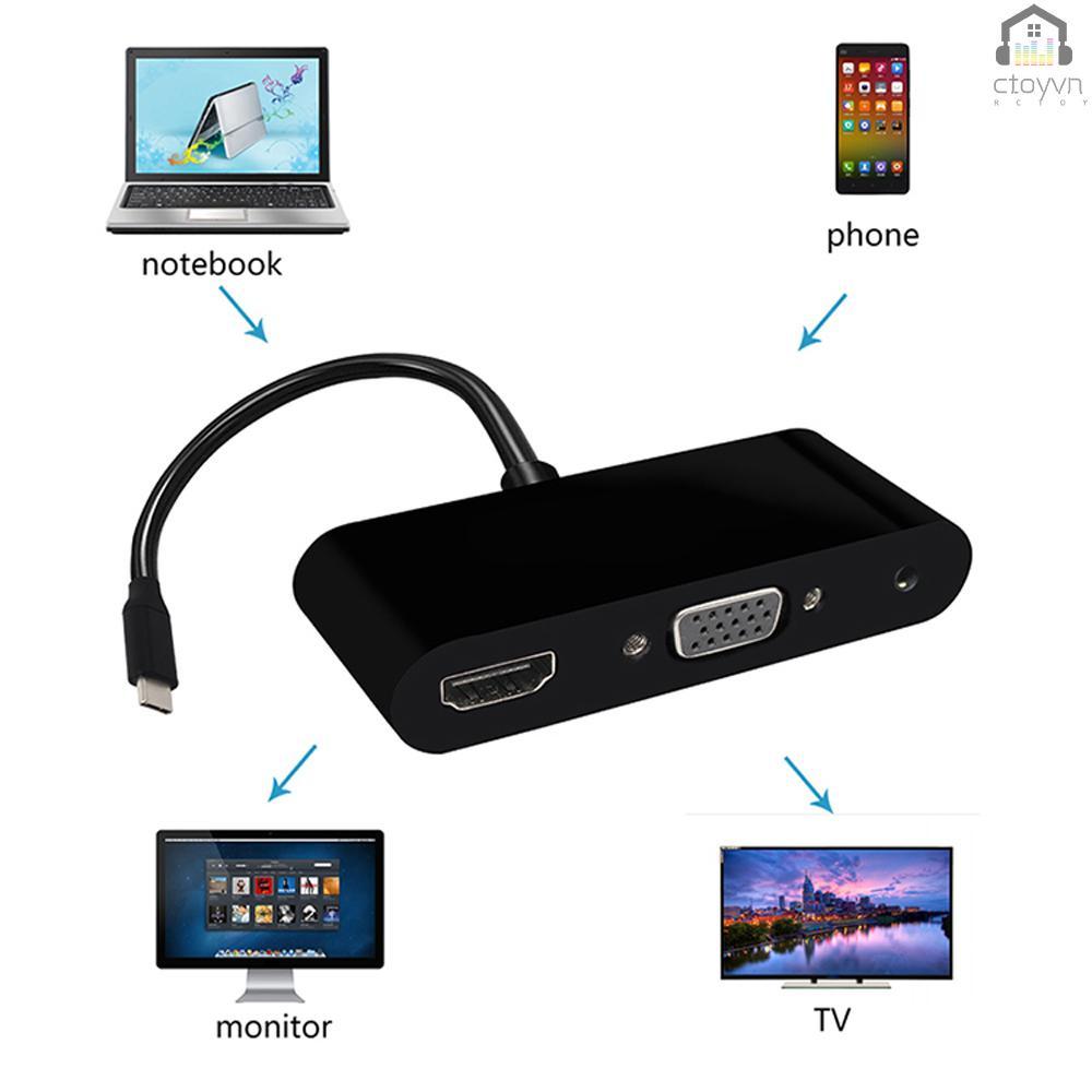 Bộ chuyển đổi USB-C Type-C sang HD VGA 3.5mm 3 trong 1 với cổng USB 3.0