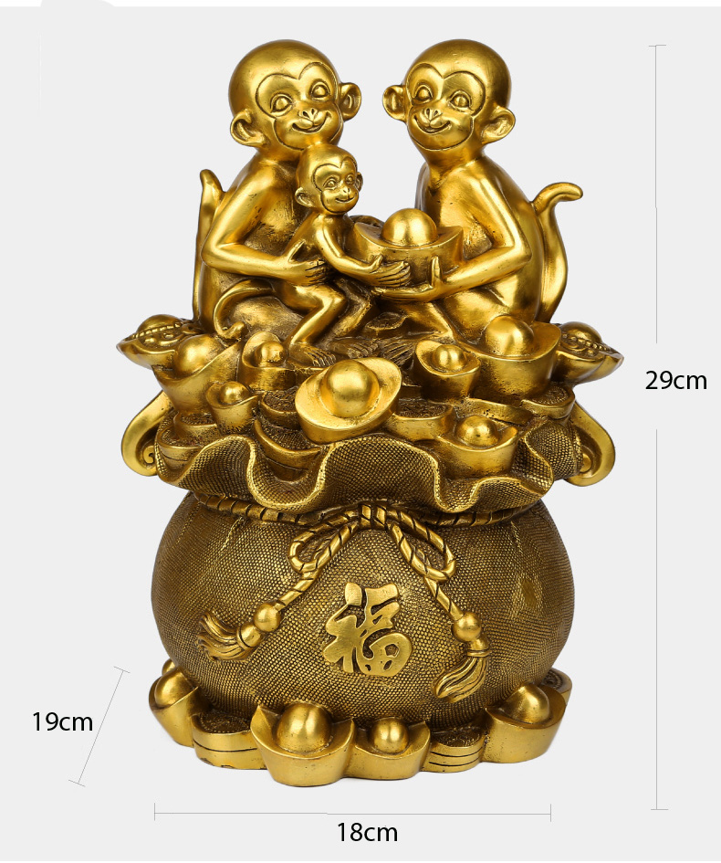 Tượng linh vật Gia đỉnh khỉ phong hầu trên túi bao tài lộc bằng đồng thau phong thủy