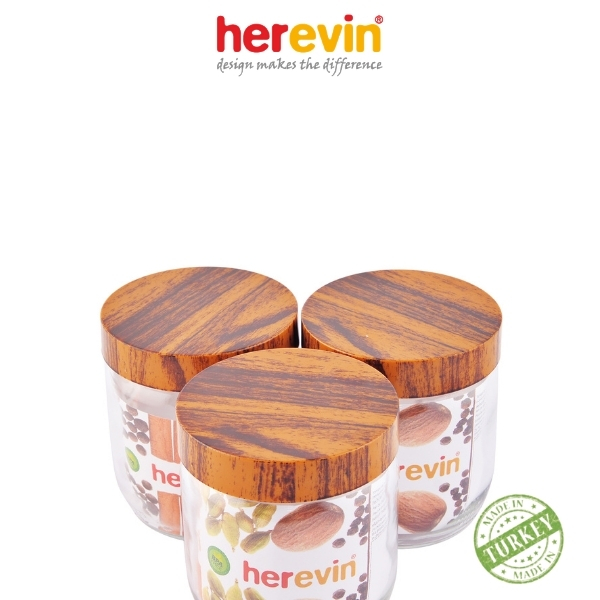 Bộ 3 Hũ Thủy Tinh Nắp Woody Herevin 425ml - HEHU231357-205