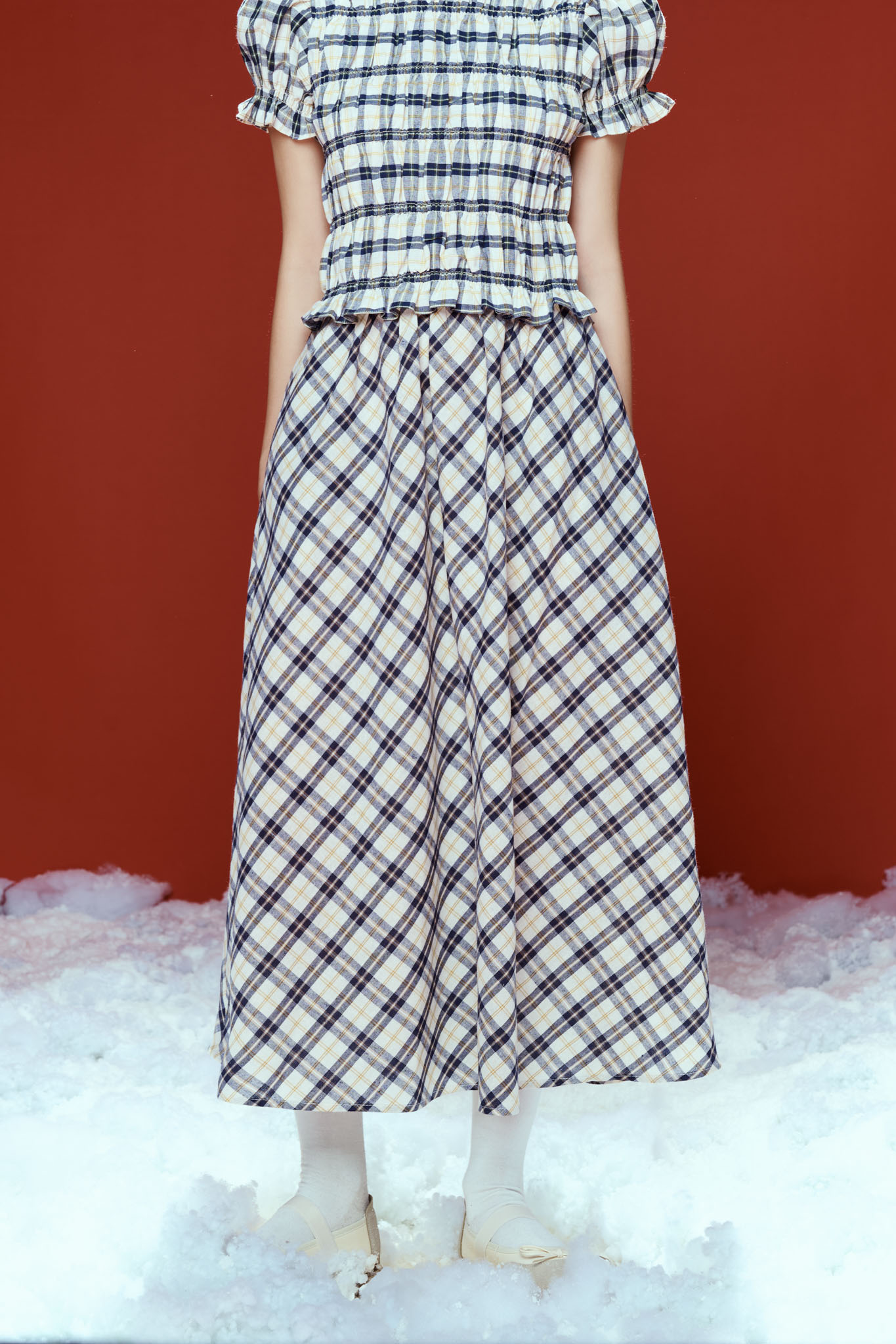 DOTTIE - Chân váy midi kẻ ô - Xanh đen - S0253